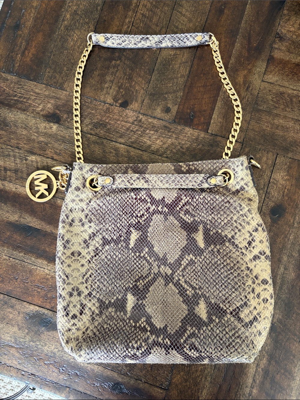 Michael Kors Taupe and Beige Snake-Print Shoulder Bag with Gold Chain
